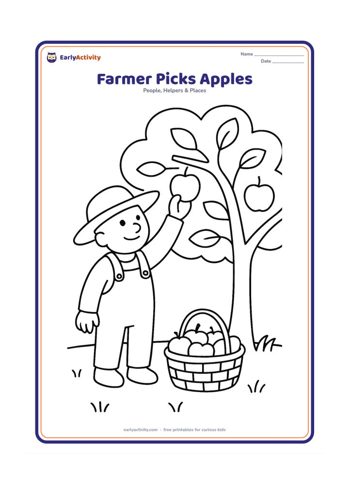 Colouring page: A farmer reaches up to pick one apple from a low fruit tree while a basket of apples rests on the ground. Show a few large leaves and a simple grassy field.