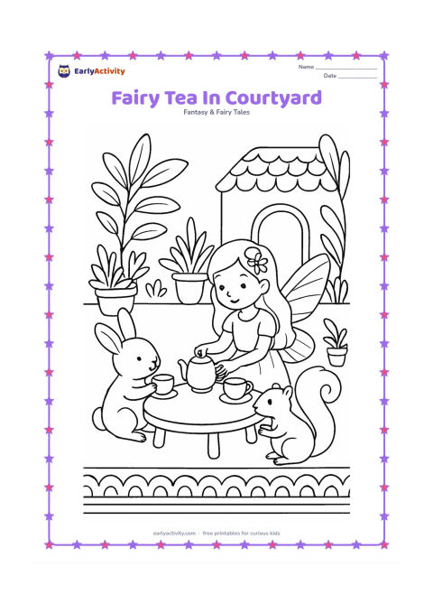 Colouring page: A fairy pours tea for two woodland friends at a low table in an Indian-style courtyard garden. Include a patterned floor border, potted plants, a small archway and a fairy home with a…