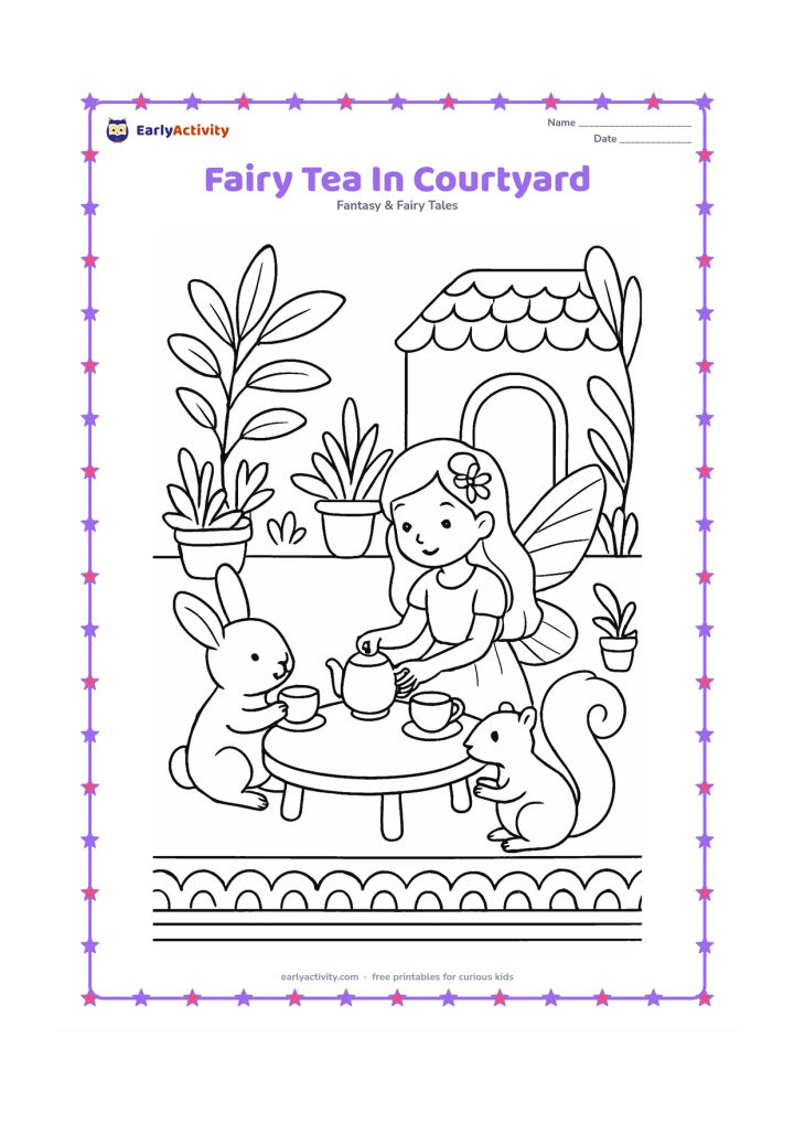 Colouring page: A fairy pours tea for two woodland friends at a low table in an Indian-style courtyard garden. Include a patterned floor border, potted plants, a small archway and a fairy home with a…