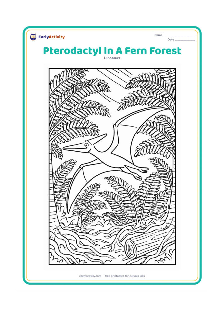 Colouring page: Draw a pterodactyl weaving between tall tree ferns, with overlapping fronds, twisting roots, a fallen log and shafts of open sky above. Show the animal in a clear banking pose.