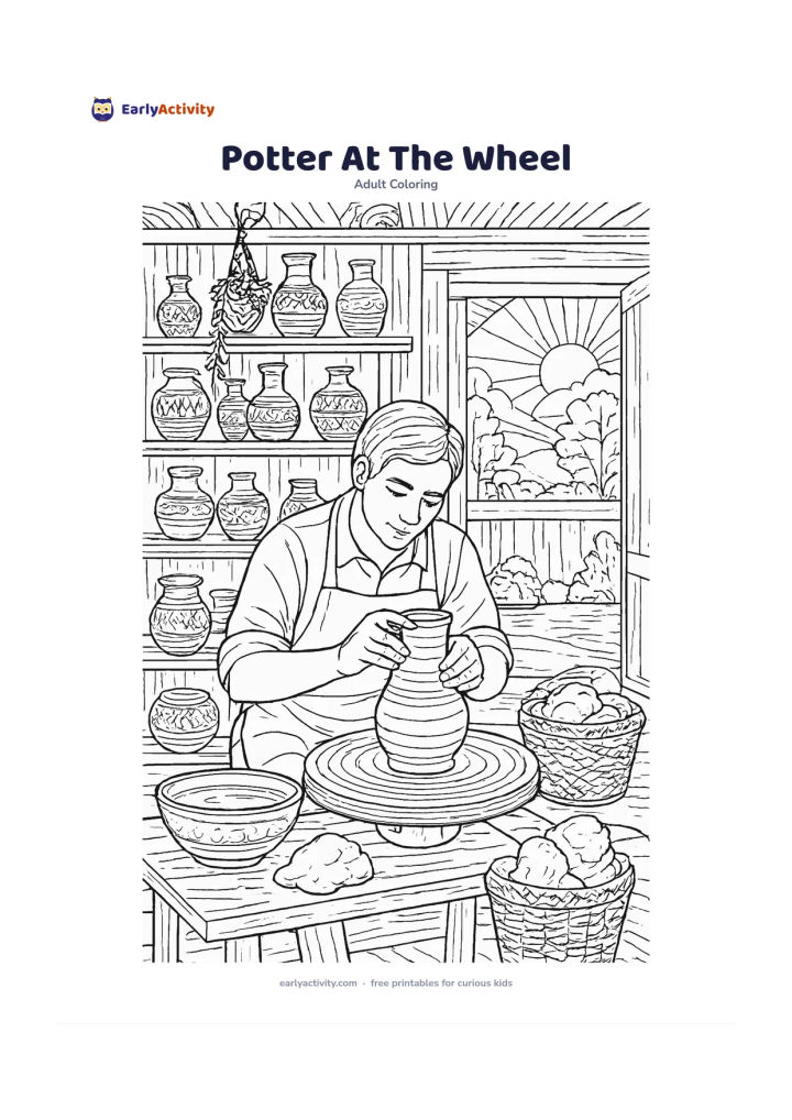 Colouring page: Show a potter shaping a clay vessel on a wheel inside an open workshop, with shelves of pots, a water bowl, clay lumps, woven baskets, hanging plants, and sunlight through the doorway.…