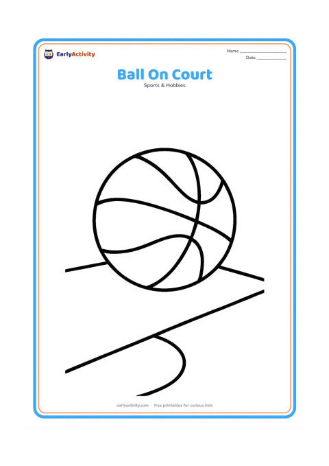 Colouring page: One basketball rests on a simple section of court showing a curved line and a straight boundary line. No players or background objects are needed.