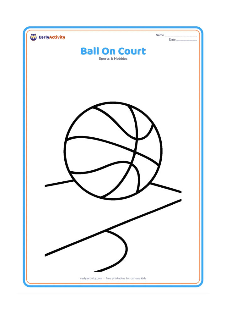 Colouring page: One basketball rests on a simple section of court showing a curved line and a straight boundary line. No players or background objects are needed.