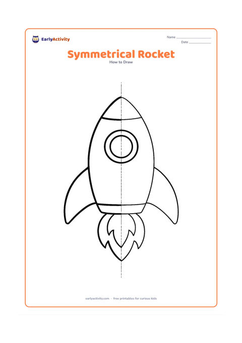 Worksheet: A front-facing rocket is divided by a light vertical guide, with the left side completed and the right side partly blank for copying. Include matching fins, a round window and balanced…