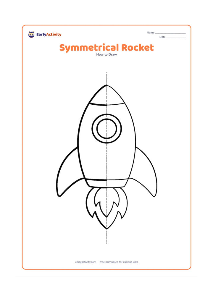Worksheet: A front-facing rocket is divided by a light vertical guide, with the left side completed and the right side partly blank for copying. Include matching fins, a round window and balanced…