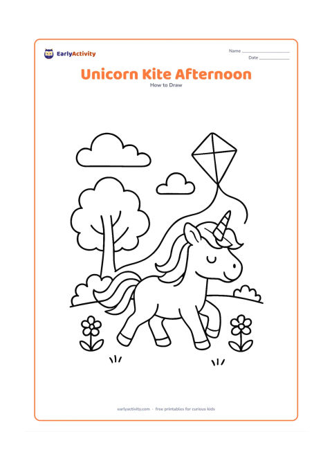 Worksheet: A unicorn trots through a park while a small diamond-shaped kite floats above it, connected by a plain curved string. Add a tree, low bushes, clouds and a few flowers, with the unicorn's…