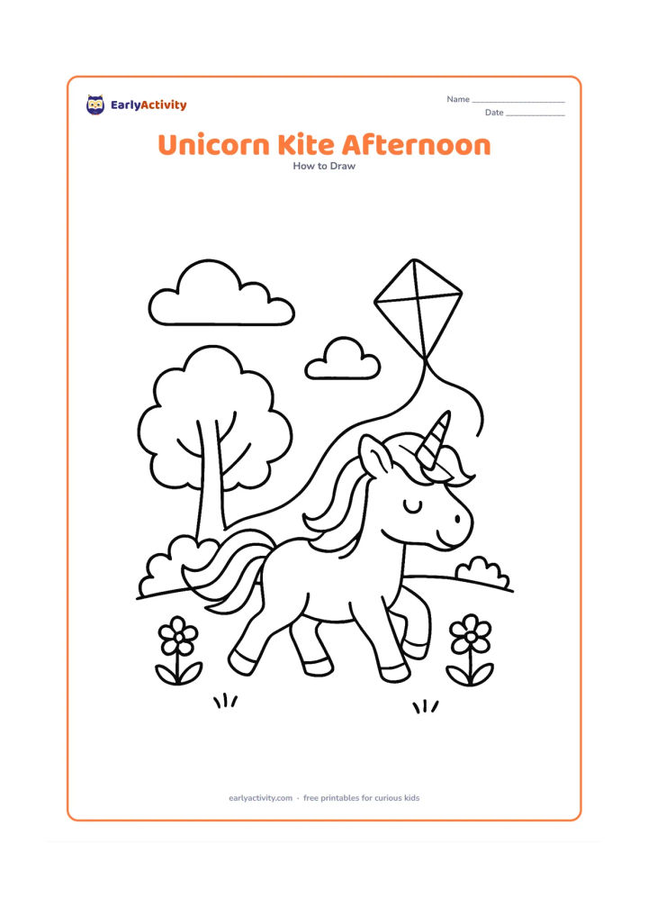 Worksheet: A unicorn trots through a park while a small diamond-shaped kite floats above it, connected by a plain curved string. Add a tree, low bushes, clouds and a few flowers, with the unicorn's…