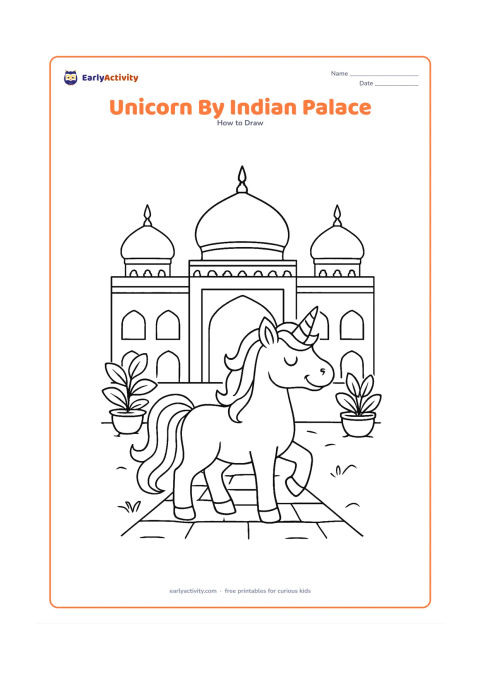 Worksheet: A proud unicorn stands in front of a welcoming Indian palace-inspired building with domes, arches and simple decorative borders, surrounded by potted plants and a stone path. Keep the…