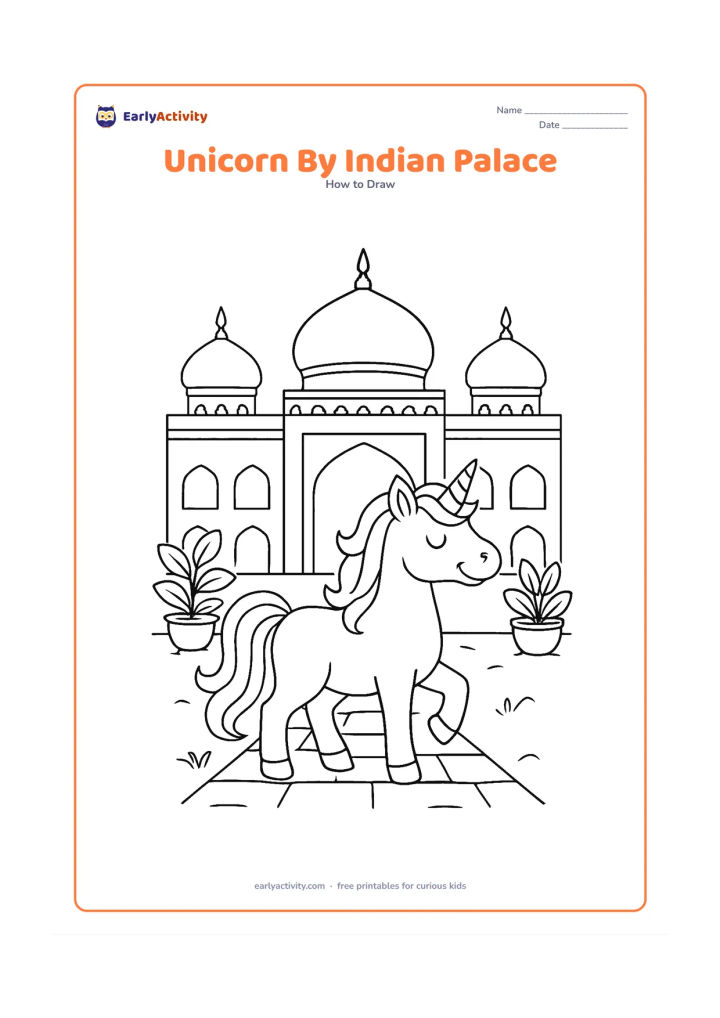Worksheet: A proud unicorn stands in front of a welcoming Indian palace-inspired building with domes, arches and simple decorative borders, surrounded by potted plants and a stone path. Keep the…