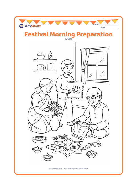 Colouring page: Draw a detailed family preparing for Diwali in a bright home: one person arranges flowers, another polishes a diya, a child carries a cushion and a grandparent folds festive clothing.…