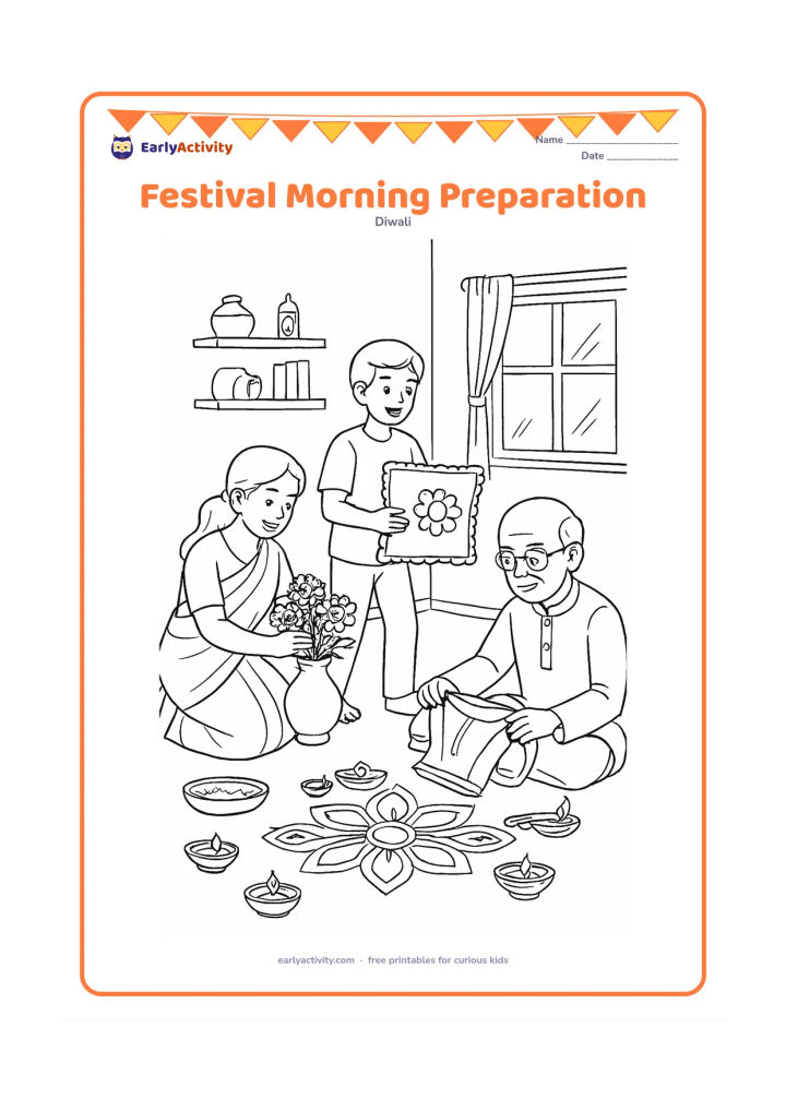 Colouring page: Draw a detailed family preparing for Diwali in a bright home: one person arranges flowers, another polishes a diya, a child carries a cushion and a grandparent folds festive clothing.…