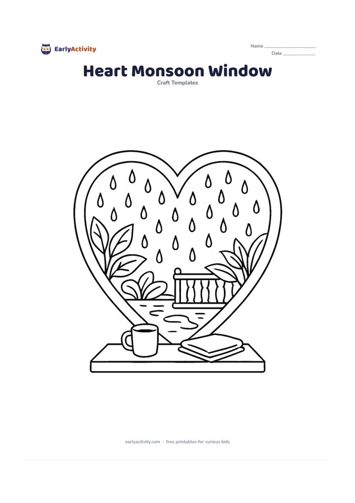 Worksheet: Draw a large heart-shaped window frame showing monsoon rain, leafy plants, puddles and a small Indian-style balcony railing outside. Add a simple cup and folded cloth on the inner sill,…