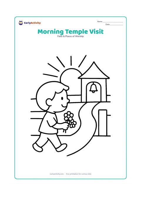 Colouring page: One child walking toward a small temple at sunrise while carrying a few flowers in both hands. Include a low wall, a doorway, a bell and a few simple rays around the sun.