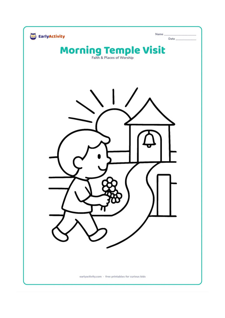 Colouring page: One child walking toward a small temple at sunrise while carrying a few flowers in both hands. Include a low wall, a doorway, a bell and a few simple rays around the sun.