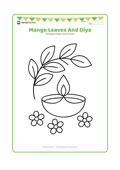 Colouring page: A large leafy branch arches over a single diya, with three simple flowers placed along the bottom edge.