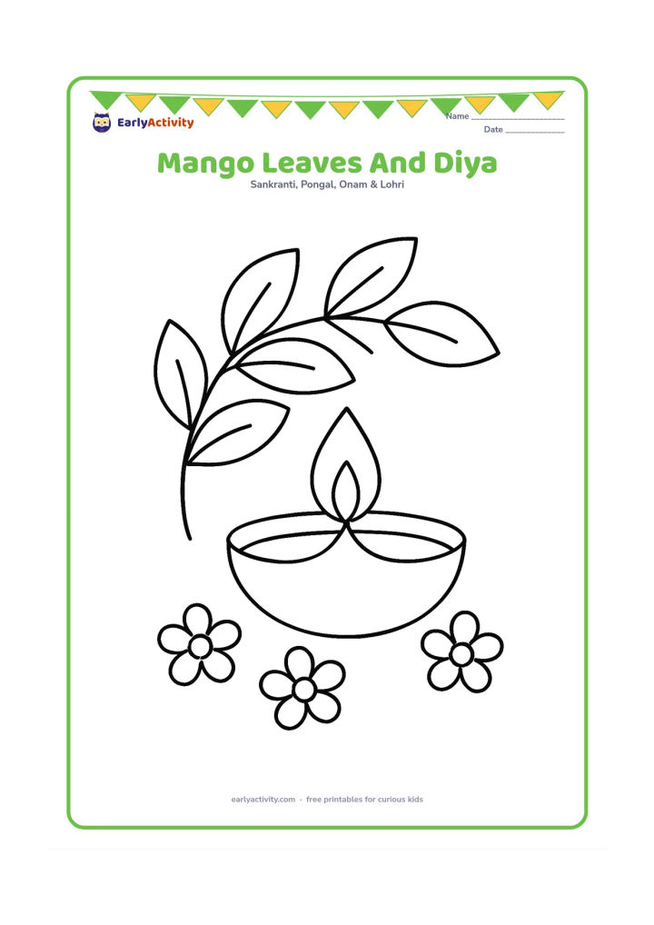 Colouring page: A large leafy branch arches over a single diya, with three simple flowers placed along the bottom edge.