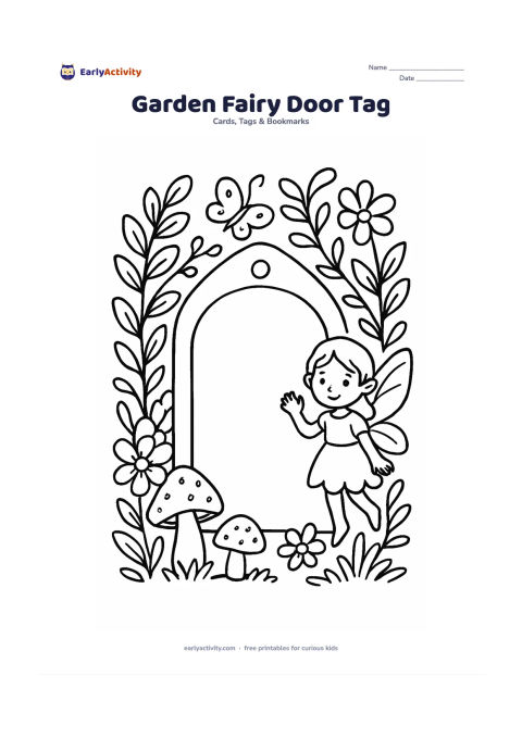 Worksheet: Draw a tiny garden door-shaped gift tag set in a flower garden, with curling vines, mushrooms, a butterfly and a small friendly fairy waving beside the door. Make the door a large blank…