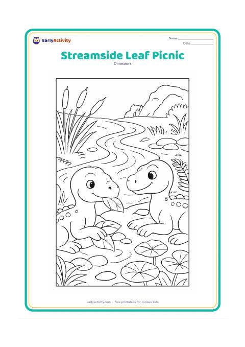 Colouring page: Draw two baby plant-eating dinosaurs resting beside a winding stream after sharing broad leaves. Surround them with reeds, lotus leaves, smooth stones, ferns and a distant rocky bank.
