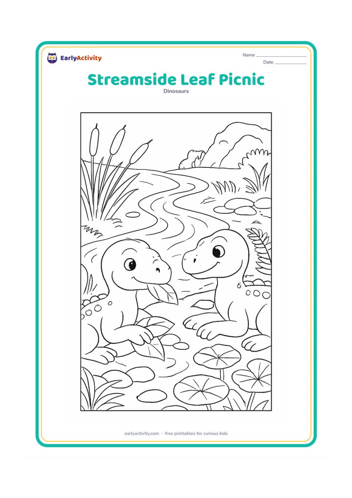 Colouring page: Draw two baby plant-eating dinosaurs resting beside a winding stream after sharing broad leaves. Surround them with reeds, lotus leaves, smooth stones, ferns and a distant rocky bank.