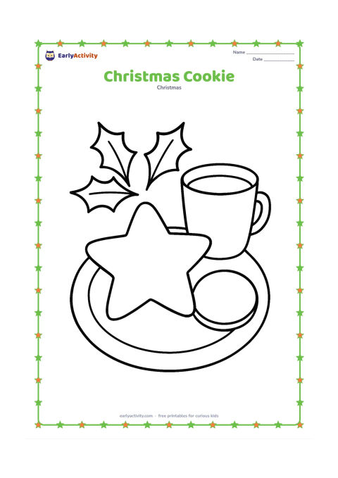Colouring page: A large star-shaped Christmas cookie sits on a plate beside a round cookie and a simple cup of milk. Add a few large holly leaves as decoration.