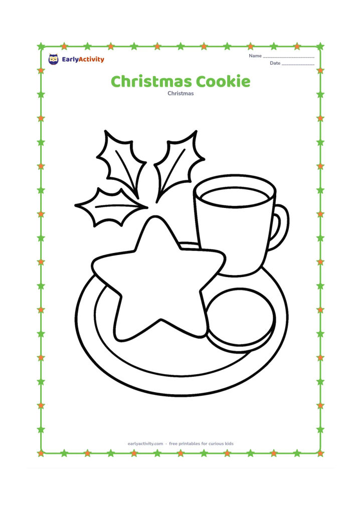 Colouring page: A large star-shaped Christmas cookie sits on a plate beside a round cookie and a simple cup of milk. Add a few large holly leaves as decoration.