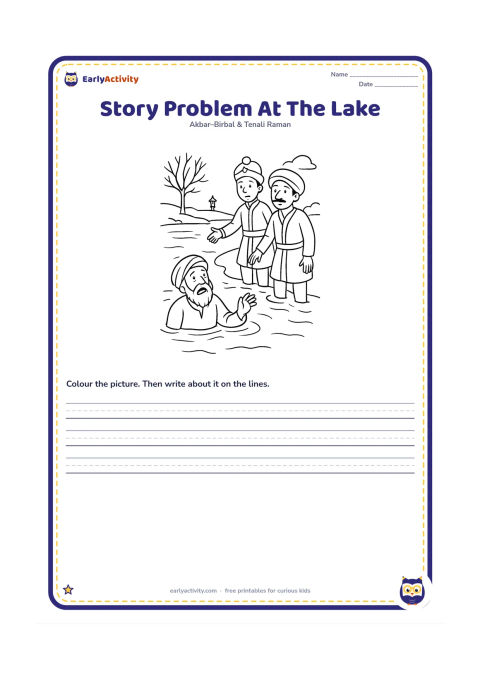 Printable: Show Akbar, Birbal and the poor man together at the winter lake, with the man in the water and the distant lamp on the opposite shore. Arrange the figures so the problem is easy to discuss.