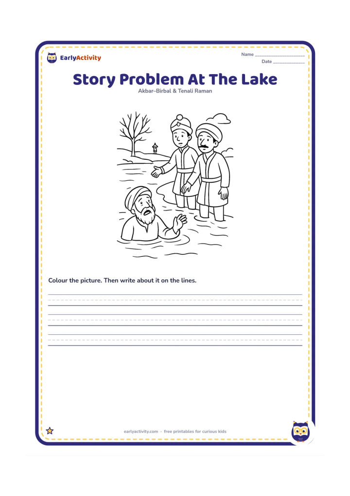 Printable: Show Akbar, Birbal and the poor man together at the winter lake, with the man in the water and the distant lamp on the opposite shore. Arrange the figures so the problem is easy to discuss.