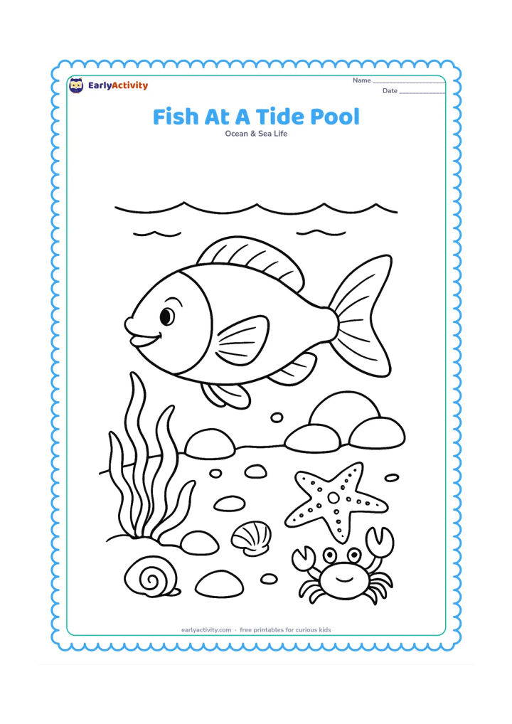Colouring page: A lively fish swims around a shallow rocky tide pool with seaweed, shells, a starfish, and a small crab. Show the waterline and a few smooth rocks while keeping the fish clearly the main…