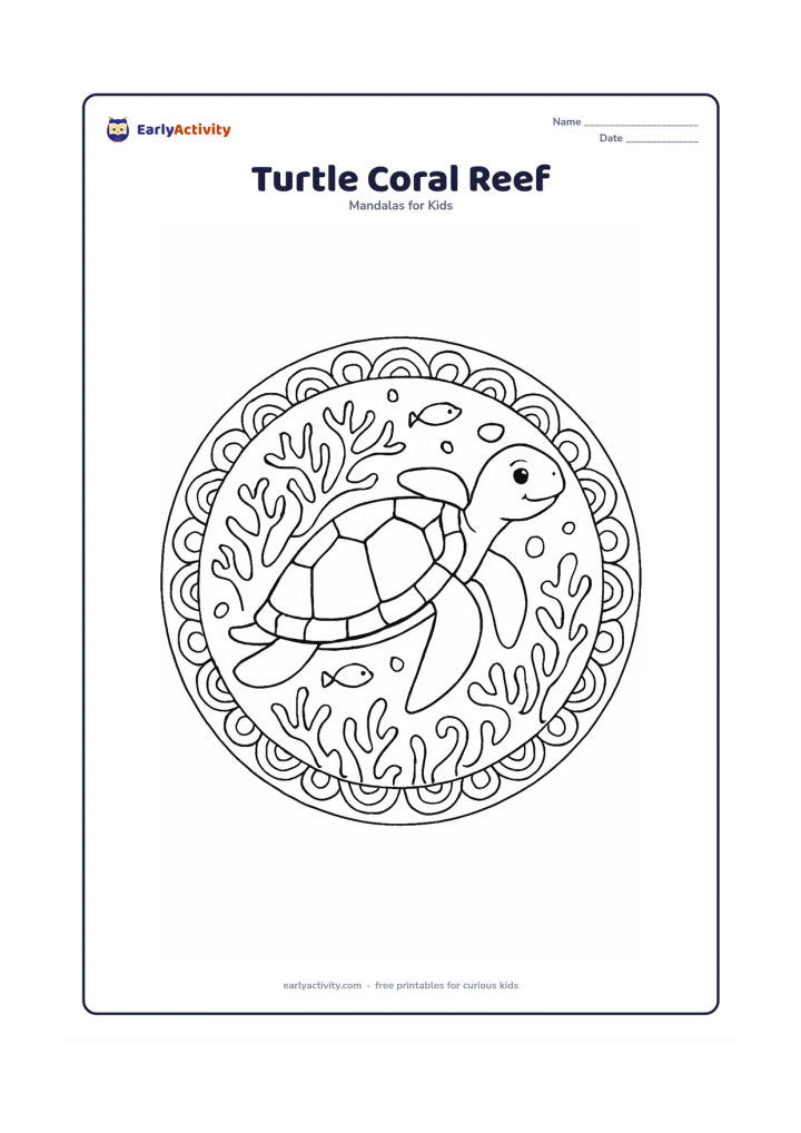 Colouring page: A sea turtle swims diagonally through the centre of a round underwater mandala. Add repeated coral branches, bubbles, seaweed curls, small fish friends and shell-like wave patterns.