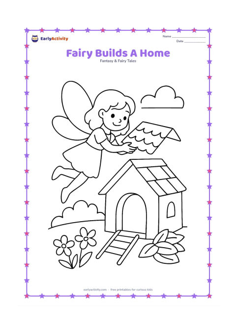 Colouring page: A winged fairy carries a small roof tile toward a partly finished fairy house. Show a round doorway, a ladder, a pile of leaves and a few flowers beside the house.