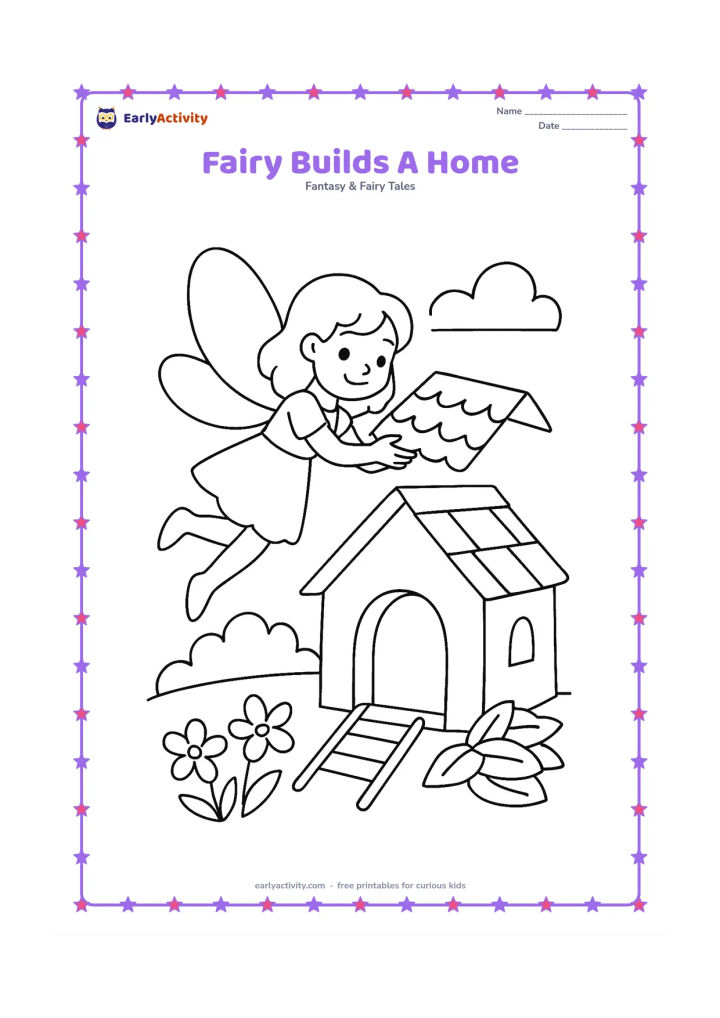 Colouring page: A winged fairy carries a small roof tile toward a partly finished fairy house. Show a round doorway, a ladder, a pile of leaves and a few flowers beside the house.