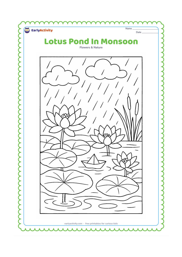 Colouring page: Draw a full monsoon pond scene with several lotus blooms, overlapping leaves, falling rain, clouds, reeds and puddle ripples along the bank. Include a small paper boat floating away from…