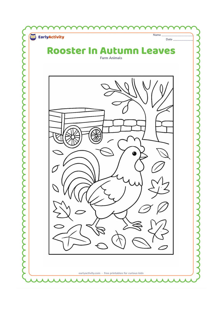 Colouring page: Draw a rooster walking through a farmyard scattered with fallen leaves. Add a wooden cart, a tree with partly bare branches and a low stone wall.