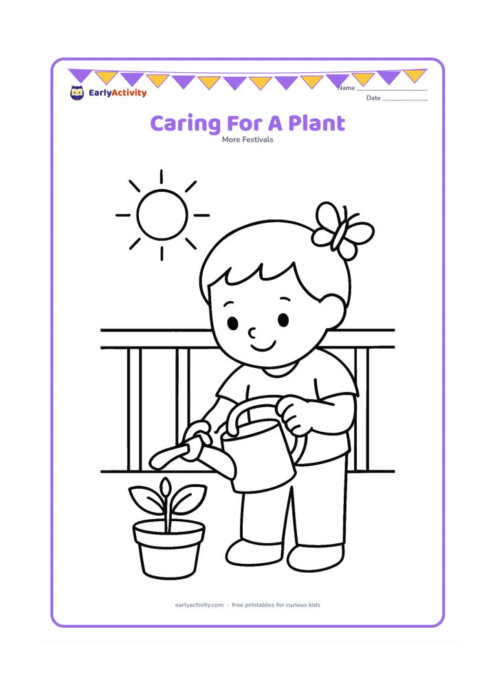 Colouring page: Draw a child carefully watering a young potted plant on a sunny balcony, with one butterfly and a simple railing behind.