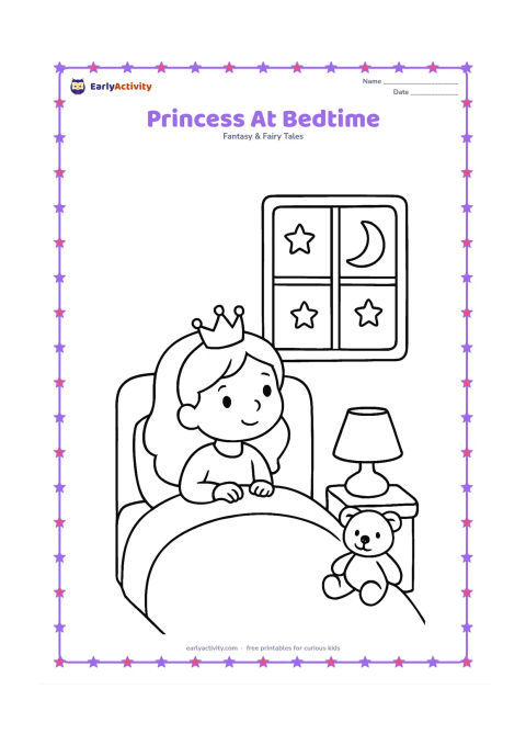 Colouring page: Draw a princess sitting in a cosy bed and looking at a crescent moon through a window. Add a bedside lamp, one stuffed toy, and a few large stars outside.