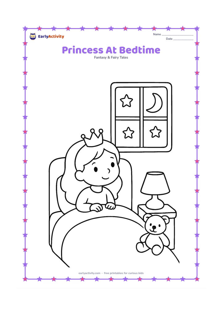 Colouring page: Draw a princess sitting in a cosy bed and looking at a crescent moon through a window. Add a bedside lamp, one stuffed toy, and a few large stars outside.