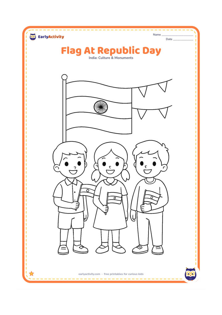 Colouring page: Draw three children in neat everyday clothes holding small Indian flags during a school Republic Day gathering. Place a large flag on a pole behind them and add a few simple bunting…