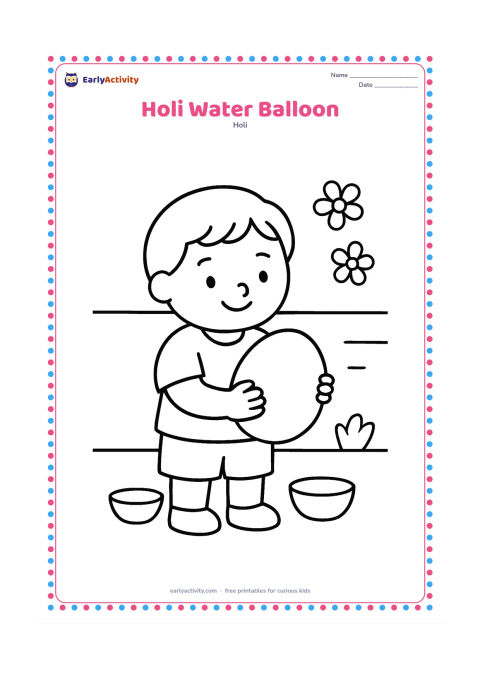 Colouring page: A child gently holds one large water balloon in both hands, with two small gulal bowls nearby. Add a plain outdoor wall and a few simple flower shapes.