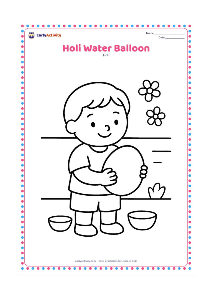 Colouring page: A child gently holds one large water balloon in both hands, with two small gulal bowls nearby. Add a plain outdoor wall and a few simple flower shapes.