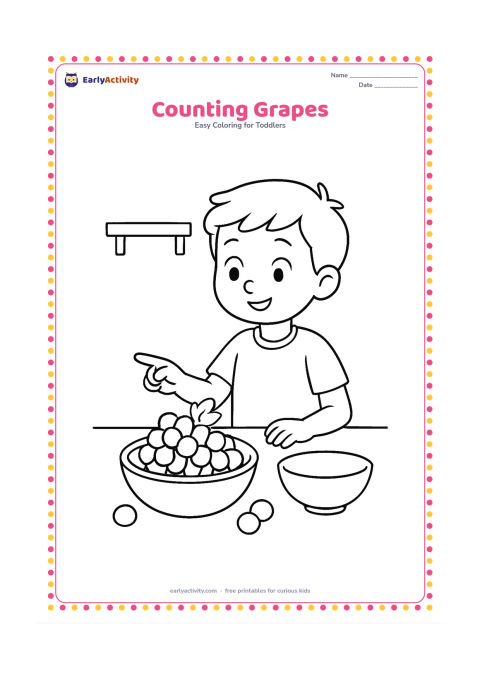 Colouring page: Draw a child at a classroom table pointing toward a large bunch of grapes in a bowl. Include a second empty bowl, a few loose grapes and a simple shelf in the background, with no marks…