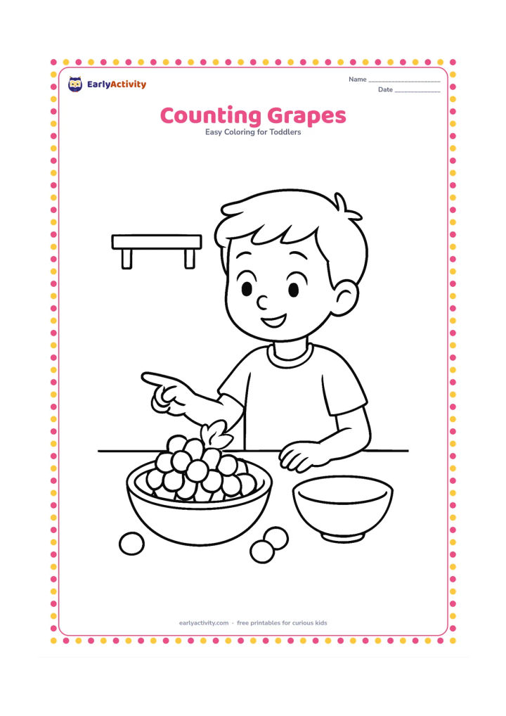 Colouring page: Draw a child at a classroom table pointing toward a large bunch of grapes in a bowl. Include a second empty bowl, a few loose grapes and a simple shelf in the background, with no marks…