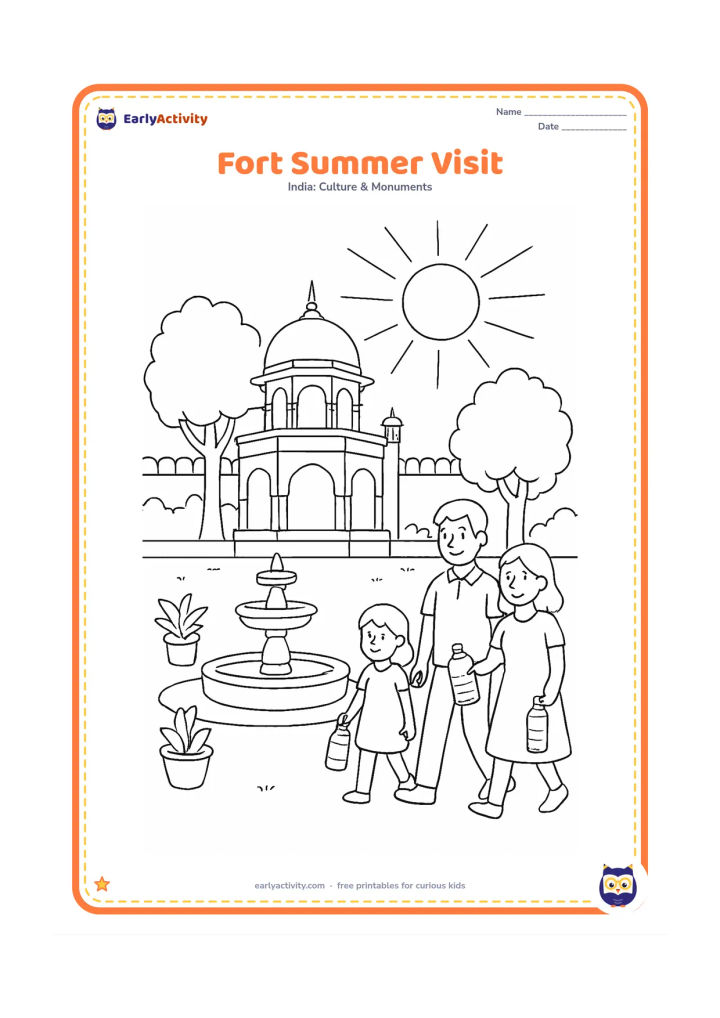 Colouring page: Draw a sunny Red Fort courtyard with a domed pavilion, tall shade trees, a water fountain and a family carrying water bottles. Include broad sun rays and a few potted plants.