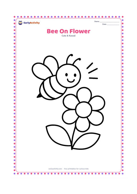 Colouring page: A smiling bee hovers beside one oversized flower, with a few simple petals and two rounded leaves. Add three large motion lines near the wings without adding any text.