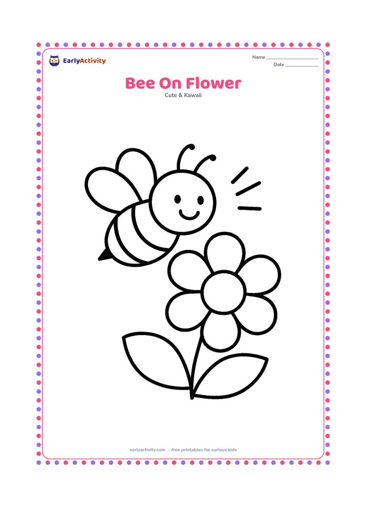 Colouring page: A smiling bee hovers beside one oversized flower, with a few simple petals and two rounded leaves. Add three large motion lines near the wings without adding any text.