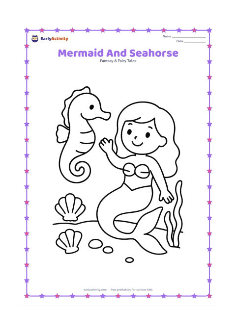 Colouring page: A smiling mermaid kneels on the ocean floor while a large friendly seahorse floats near her raised hand. Include two shells, rounded pebbles and simple seaweed.