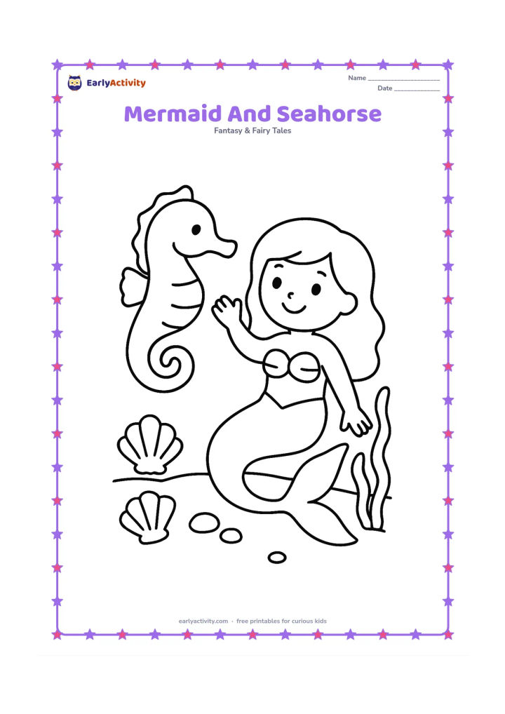 Colouring page: A smiling mermaid kneels on the ocean floor while a large friendly seahorse floats near her raised hand. Include two shells, rounded pebbles and simple seaweed.
