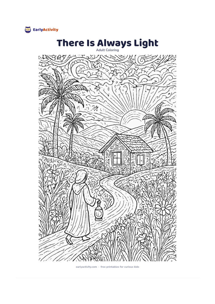 Colouring page: A small village house with a glowing window stands among fields just before dawn, while a person walks along a lantern-lit path toward it. Include palm trees, flowering grasses, distant…