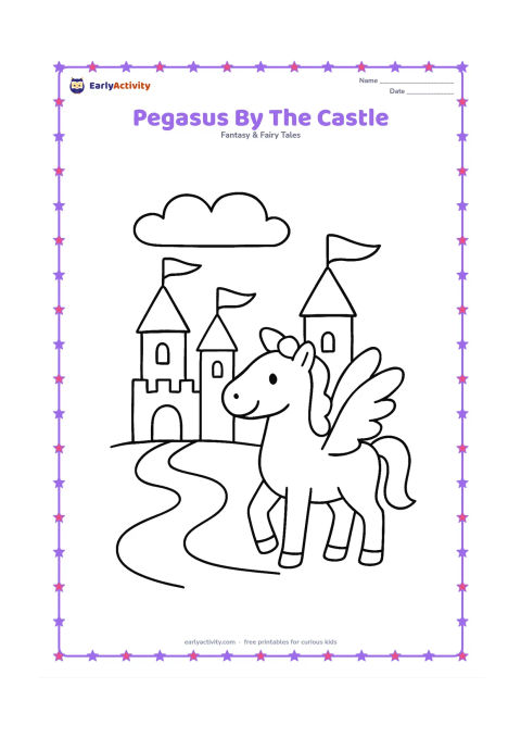 Colouring page: Draw a friendly pegasus beside a small rounded castle with two towers, a cloud path and a few large flags with no markings. The horse should stand proudly with one wing raised.
