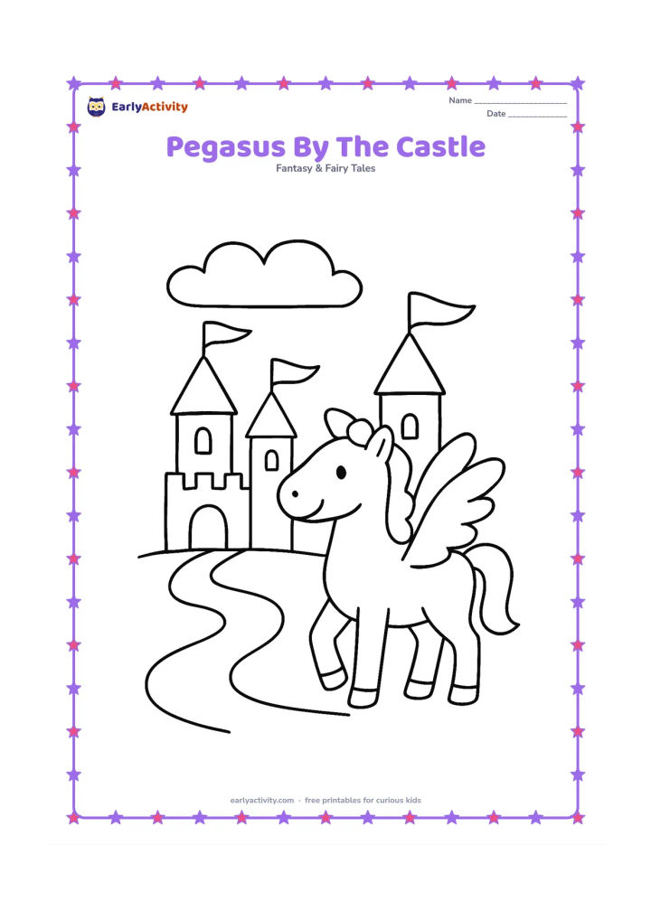 Colouring page: Draw a friendly pegasus beside a small rounded castle with two towers, a cloud path and a few large flags with no markings. The horse should stand proudly with one wing raised.