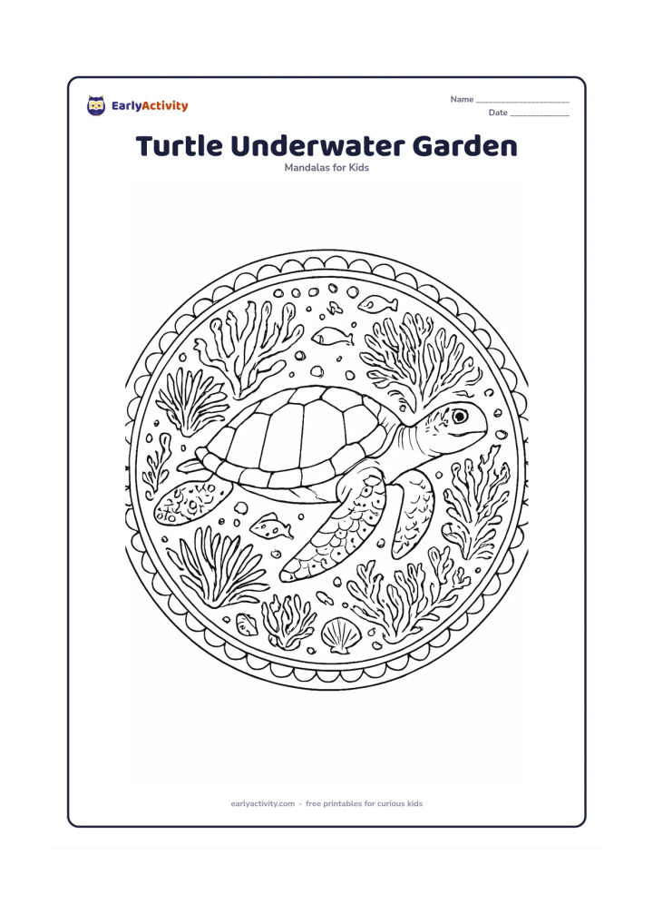 Colouring page: A sea turtle glides through the centre of a detailed underwater mandala. Fill the circle with coral fans, sea anemones, seaweed spirals, bubbles, shells, small fish companions and…